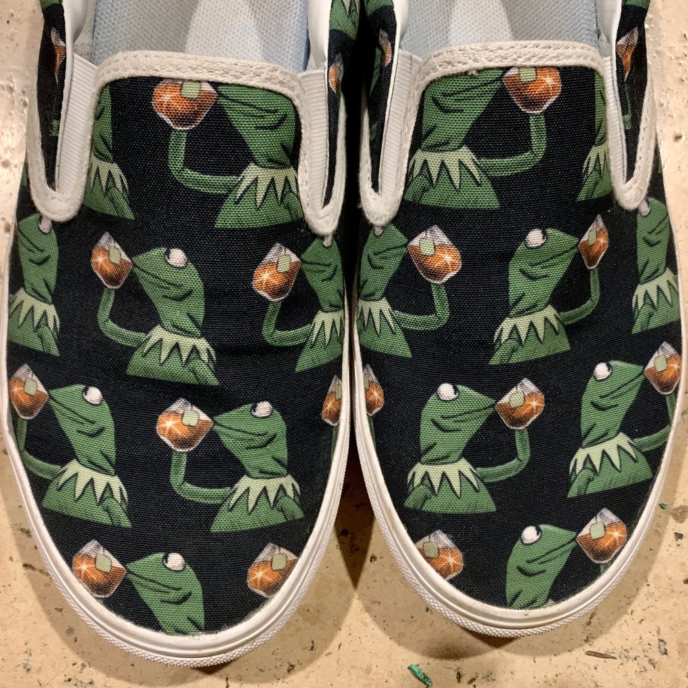 Kermit tea "But That's None of My Business" meme slip-on sneakers